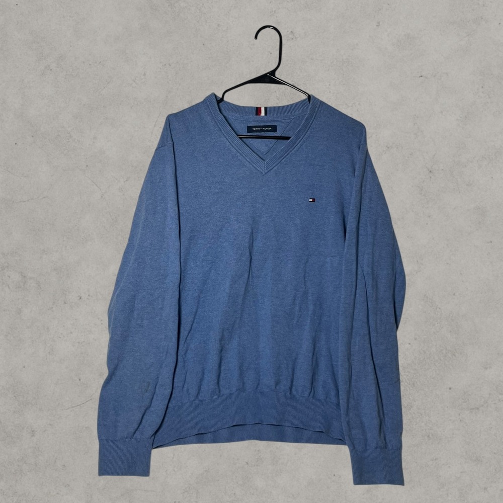 Tommy Hilfiger Mens V-Neck Sweater Blue Long Sleeve Knit Pullover Size L